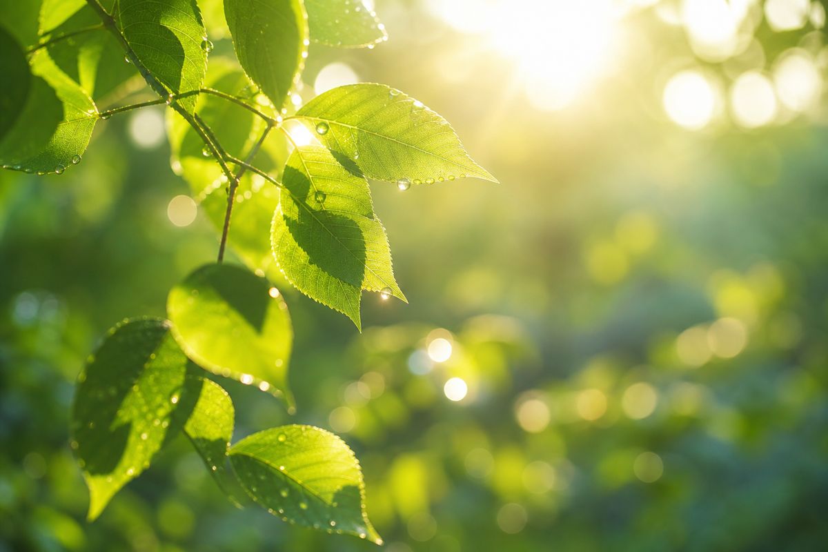Frisches grünes Laub im Morgenlicht