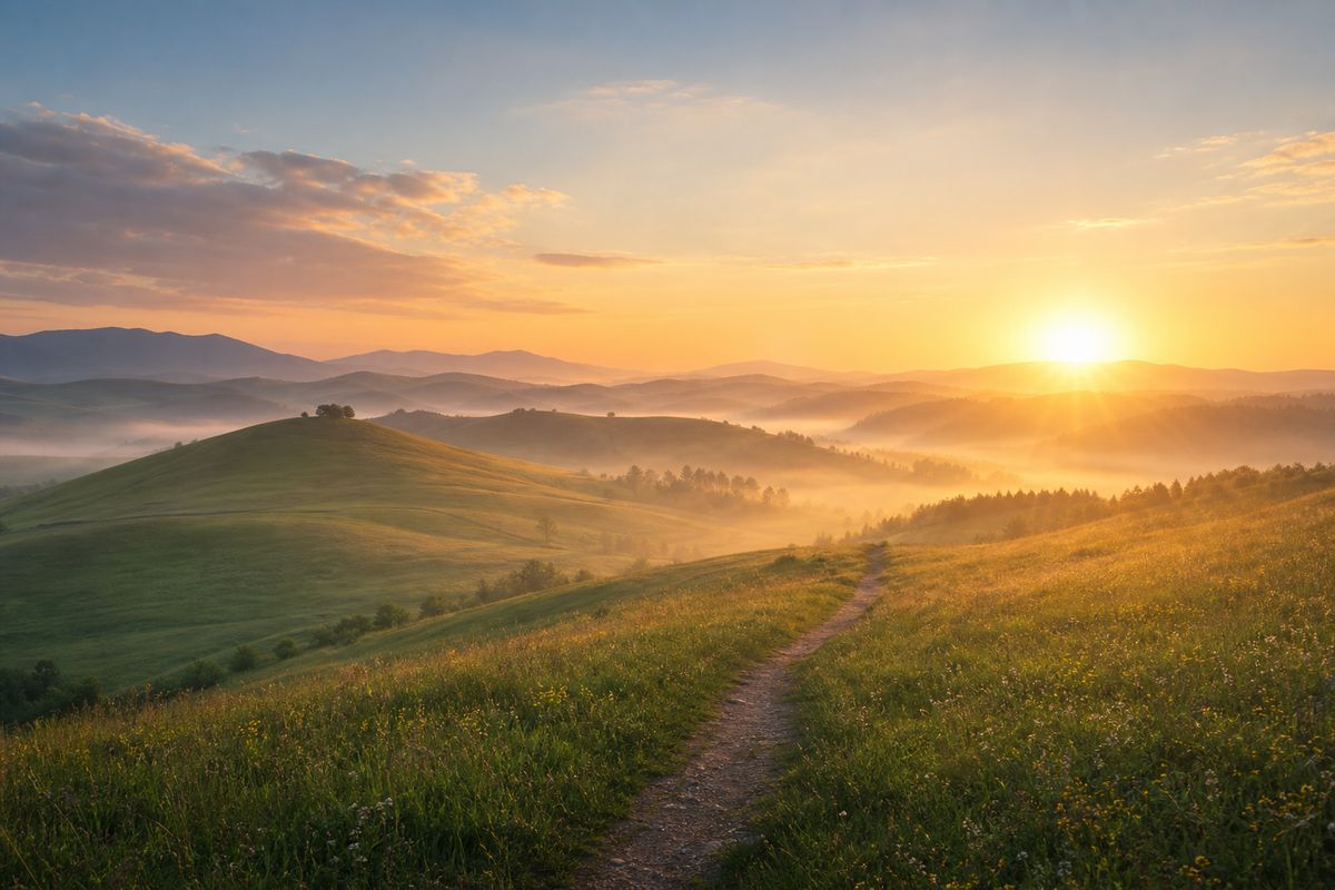 Sonnenaufgang über grünen Hügeln – ein neuer Tag